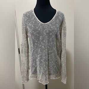 Eileen Fisher Open Knit Long Sleeve Linen Blend Sweater in Tan. Size L